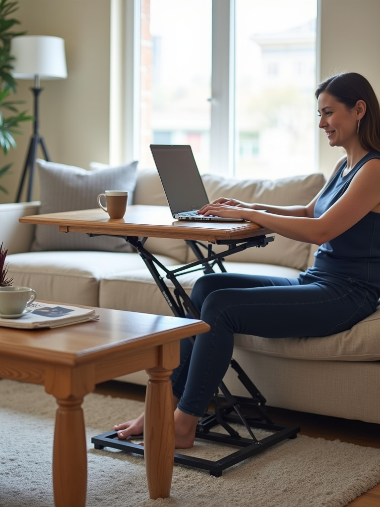 A multi-functional living room featuring a lift-top coffee table in raised position being used as a workspace with a laptop and coffee mug, highlighting versatility and workspace transformation.