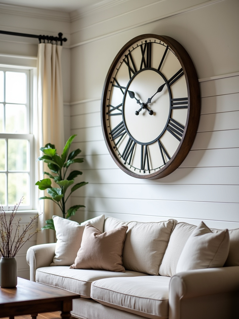 A fa rmhouse living room featuring a large rustic oversized wall clock with Roman numerals on a shiplap wall.