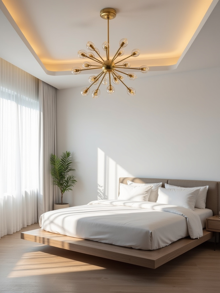 Modern bedroom interior with a statement brass sputnik chandelier as the central lighting feature.