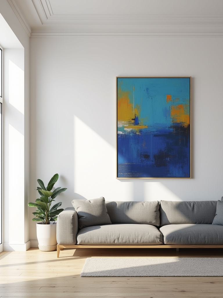 “Oversized abstract painting in blue, yellow, and orange hanging above a grey sofa in a modern living room.”