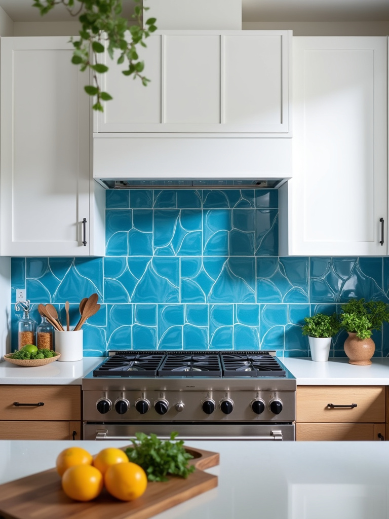 Modern kitchen with a vibrant blue geometric tile backsplash creating a bold focal point behind the cooktop.