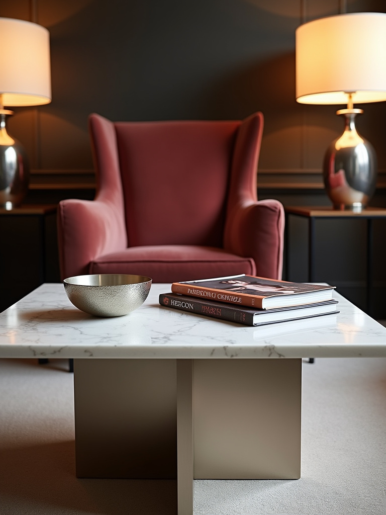 A luxurious living room featuring a Carrara marble coffee table with a stainless steel base, styled with a silver bowl and magazines, showcasing elegance and marble’s natural beauty.