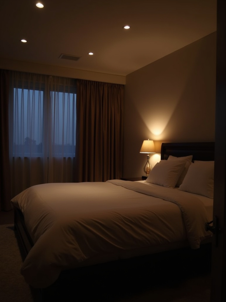 Serene bedroom interior with soft, dimmable ambient lighting creating a relaxing atmosphere.