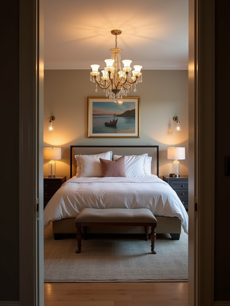 Well-designed bedroom interior showcasing layered lighting with a chandelier, bedside lamps, and wall sconces.