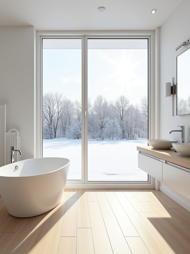Scandinavian bathroom flooded with natural light from a large window, highlighting the spacious and bright atmosphere.