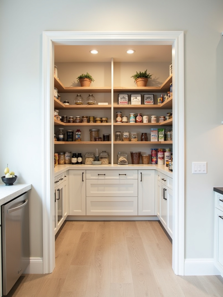 Well-organized and spacious walk-in pantry with built-in light wood shelving and motion-sensor lighting in a modern kitchen.