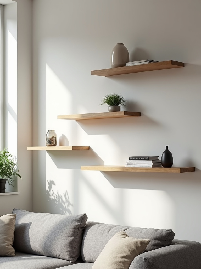 “Modern living room with light wood floating shelves displaying minimalist decor, maximizing vertical space.”