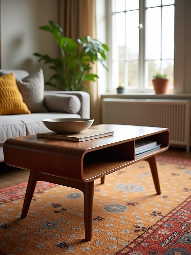 A Mid-Century Modern living room showcasing a walnut coffee table with tapered legs, styled with a ceramic bowl and magazine, embodying retro elegance.