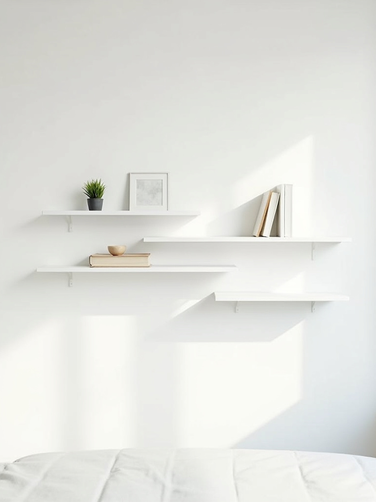 “White bedroom wall featuring minimalist white floating shelves displaying curated decor items, creating a clean and functional display area.”