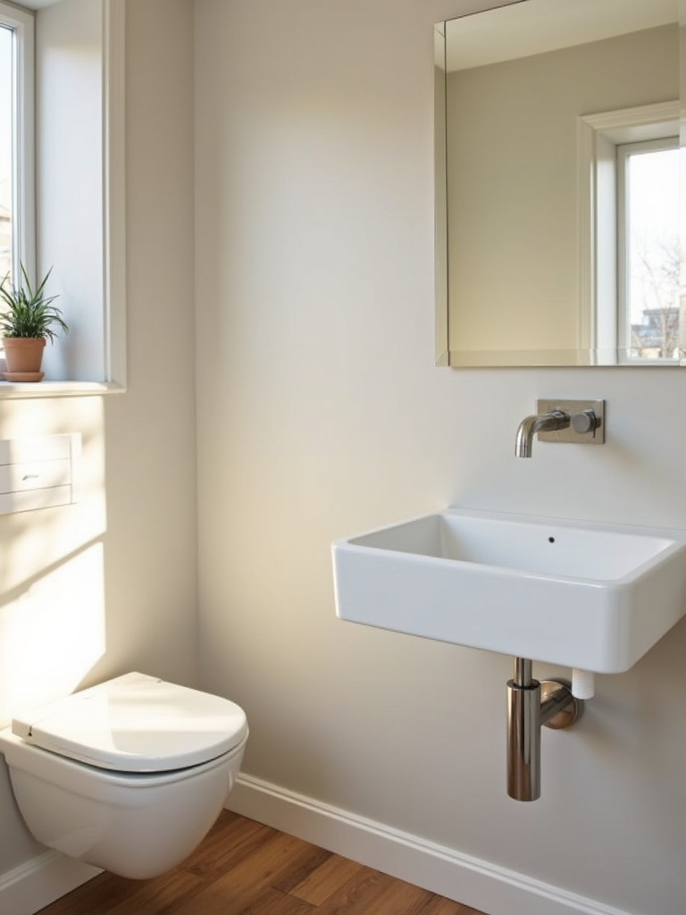 Minimalist and functional bathroom fixtures in a Scandinavian style, featuring a wall-mounted toilet and sleek vanity.