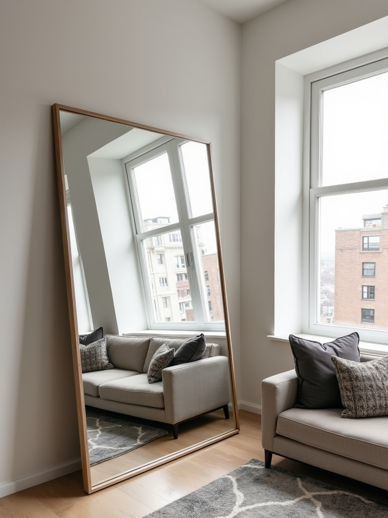 “Small modern living room with a large mirror reflecting natural light and cityscape view, enhancing space.”