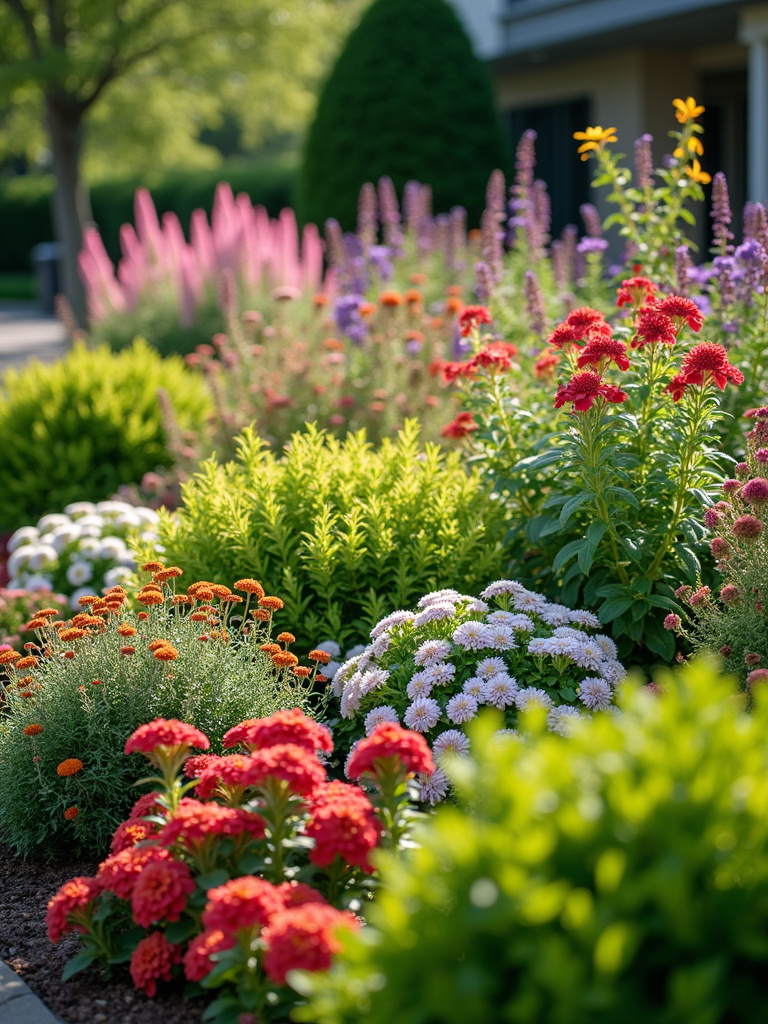 Vibrant mixed garden bed with flowering shrubs and colorful perennials in late spring light.