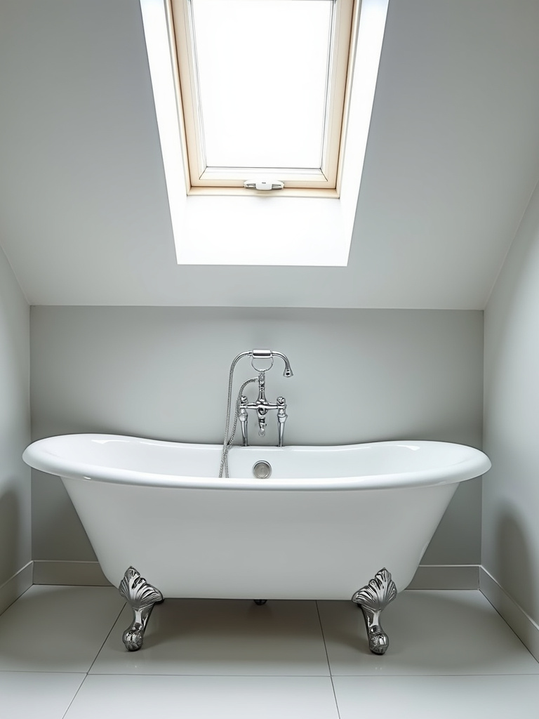 Vintage-modern bathroom featuring a vintage clawfoot tub in a contemporary setting with minimalist chrome faucets, light gray walls, and natural light from a skylight, showcasing a blend of styles.