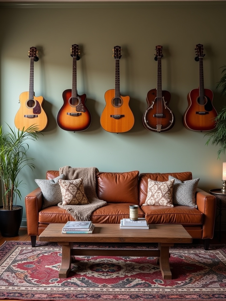 “Wall decorated with mounted musical instruments including guitars and a banjo in an eclectic living room.”