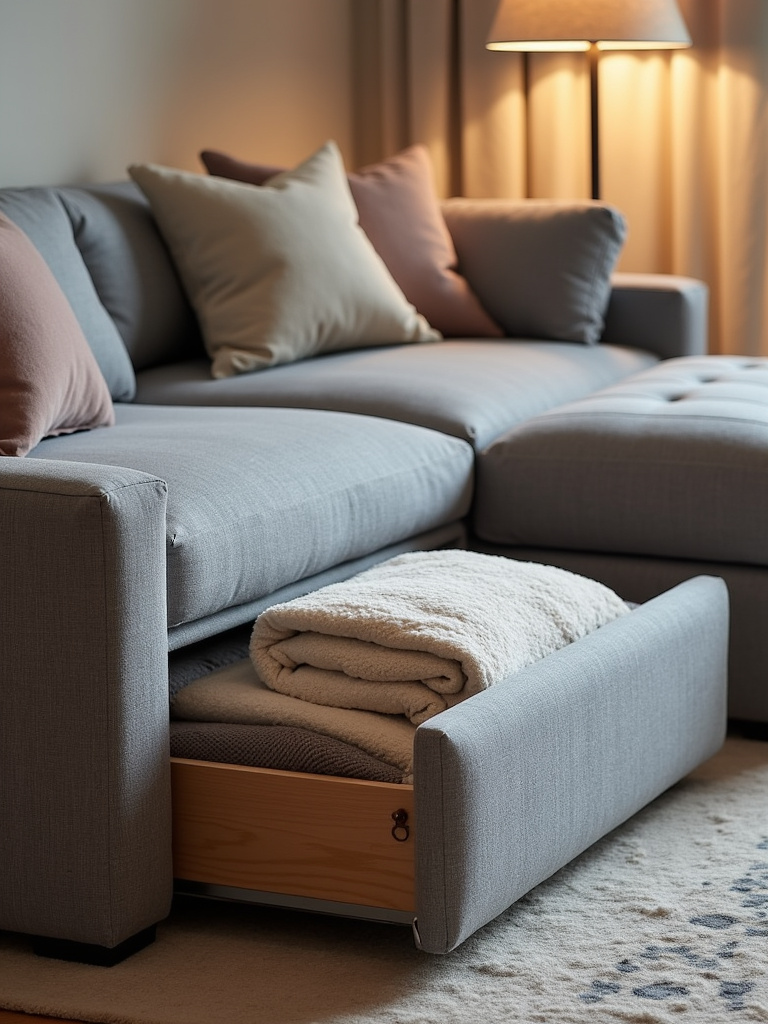“Modern studio apartment with a grey modular sofa and storage ottoman, demonstrating multi-functional furniture.”