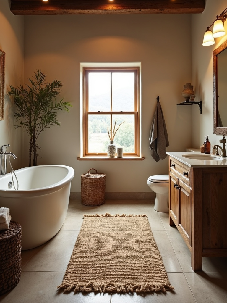 Rustic bathroom featuring a natural fiber rug on the floor, creating a warm and textured ambiance.