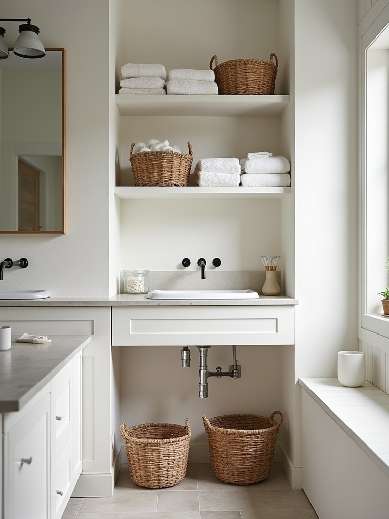 Natural fiber baskets used for stylish organization in a Scandinavian bathroom, storing towels on open shelves.