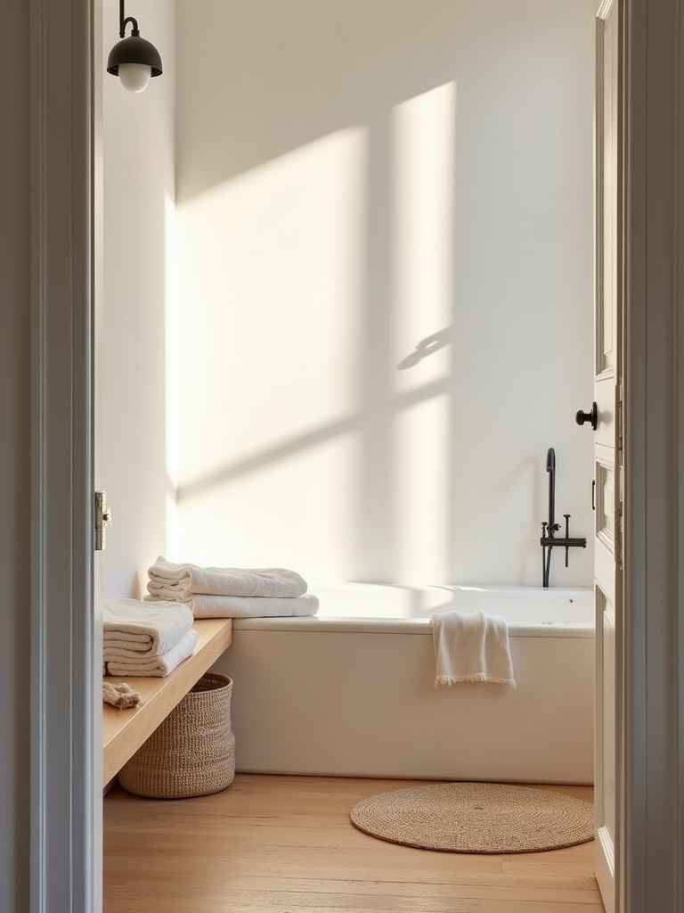 Scandinavian bathroom adding softness with natural fiber textiles and rugs, including white linen towels and a woven cotton rug.