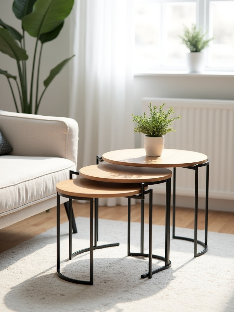 A small living room featuring nesting coffee tables partially nested, styled with a plant, showcasing space-saving design and flexible living solutions.