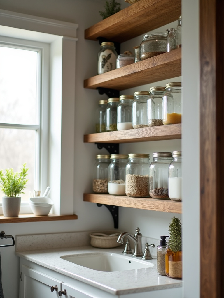 Rustic bathroom featuring open shelving with Mason jars used for storage and decorative display, illuminated by bright daylight.