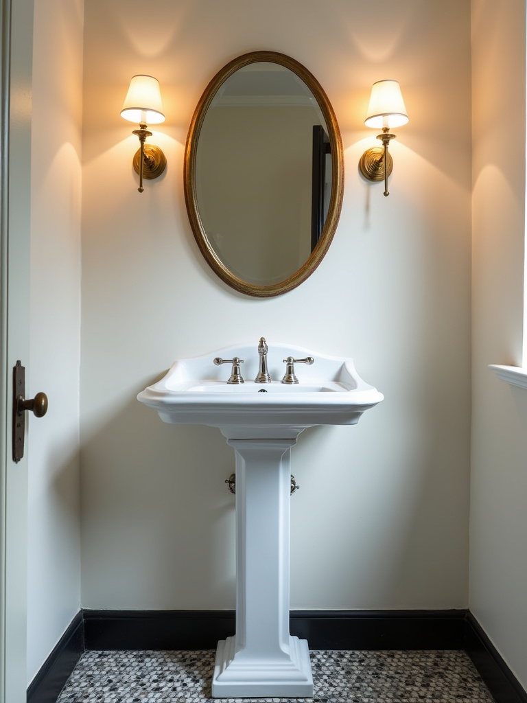 A vintage bathroom featuring a white pedestal sink with chrome cross-handle faucets, complemented by a black and white hexagon tile floor and warm brass sconce lighting.