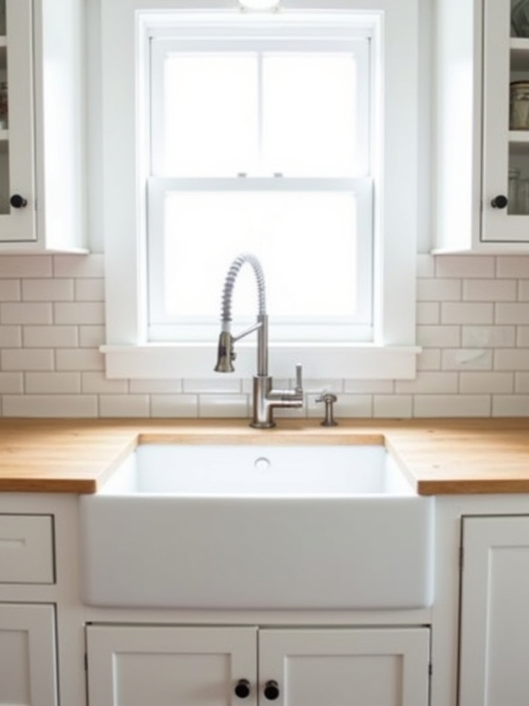 Modern kitchen with a classic white fireclay farmhouse sink, set into a light wood countertop under a window.