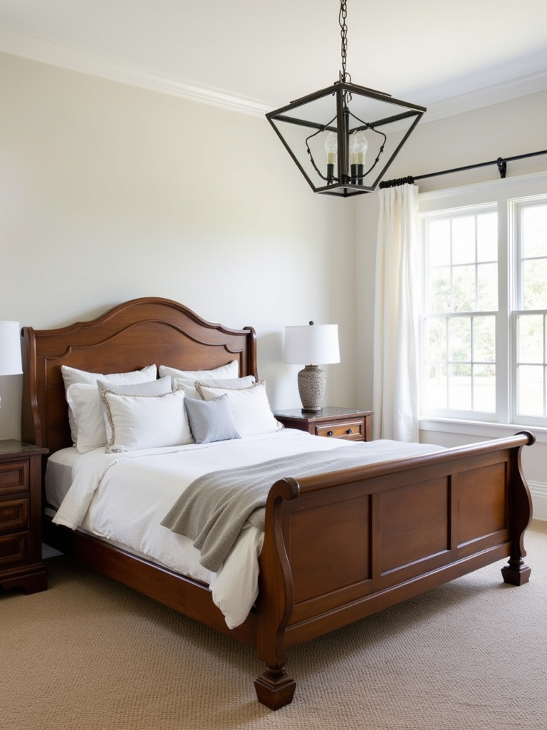 Farmhouse bedroom featuring a statement wood sleigh bed with classic appeal.