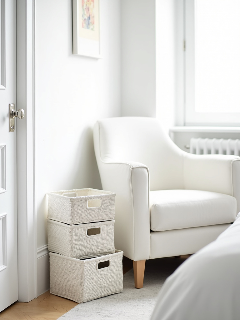 “White bedroom corner featuring a stylish stack of white woven storage baskets providing organized and textured storage solutions.”