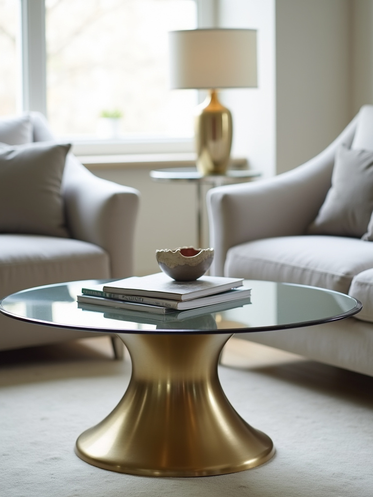 An elegant living room featuring an oval glass coffee table with a brass base, styled with a bowl and magazines, showcasing soft lines and versatile design.