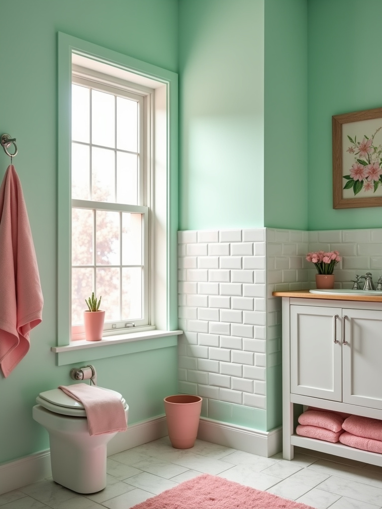 Vintage bathroom with soft mint green walls and white subway tile wainscoting, accented with pastel pink towels and accessories, bathed in warm natural light.