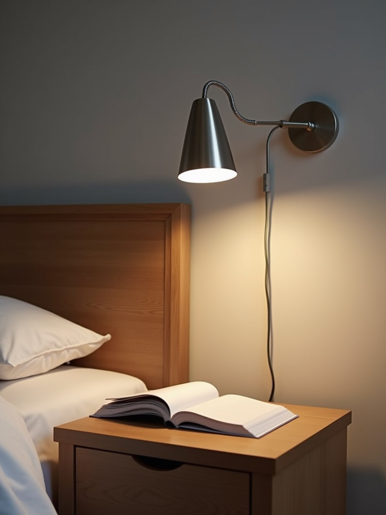 Functional bedroom with adjustable arm wall lamps providing flexible and directional bedside lighting.