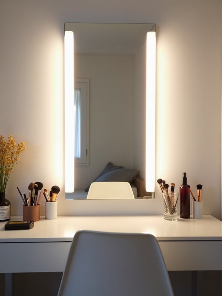 Bedroom vanity area with vertical LED light bars providing optimized and shadow-free lighting for makeup and grooming.