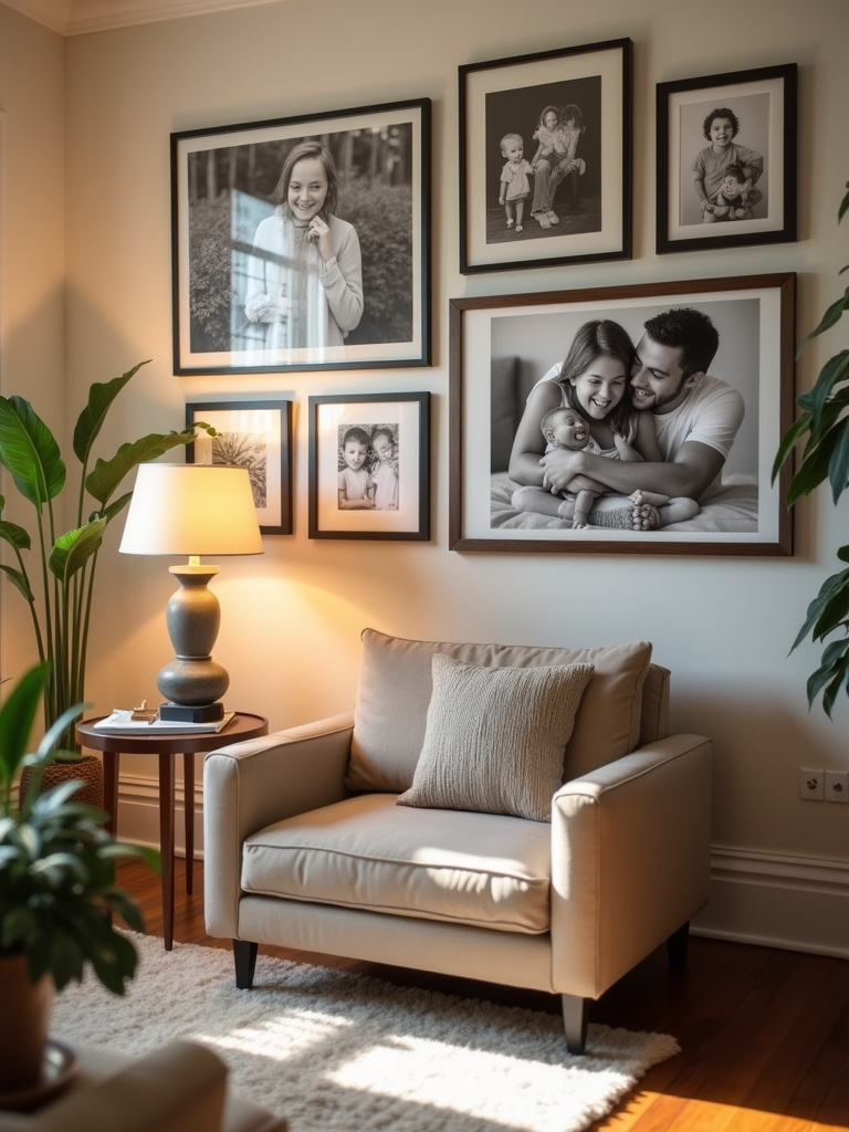 “Gallery wall of framed family photos in black and white and color displayed above a comfortable armchair in a warm living room.”
