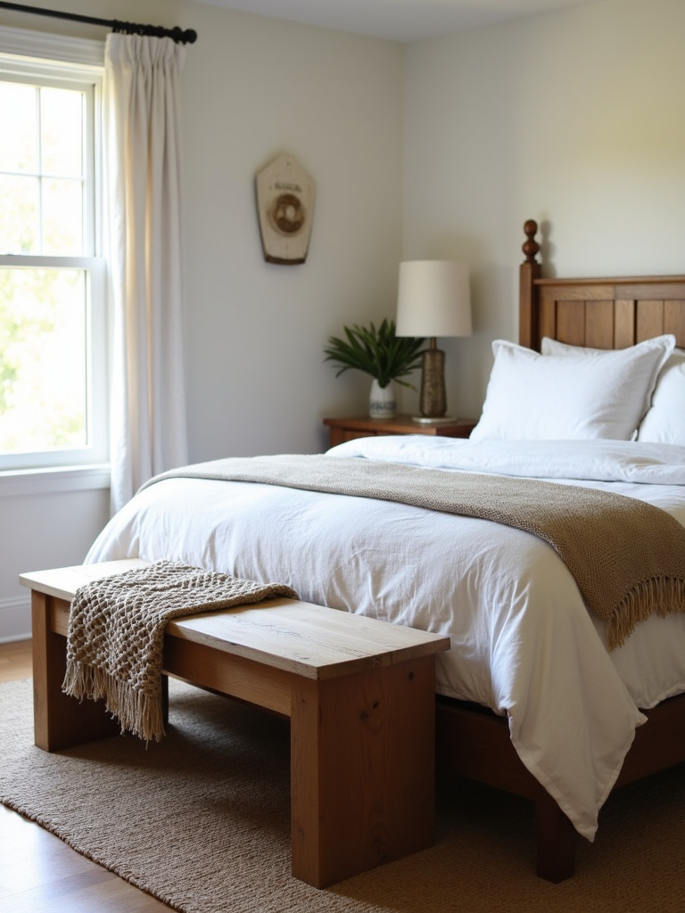 Farmhouse bedroom featuring a cozy wooden bench at the foot of the bed.