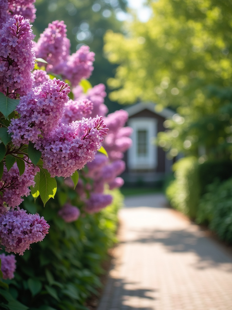 Walkway lined with fragrant lilac shrubs in full bloom on a sunny afternoon.