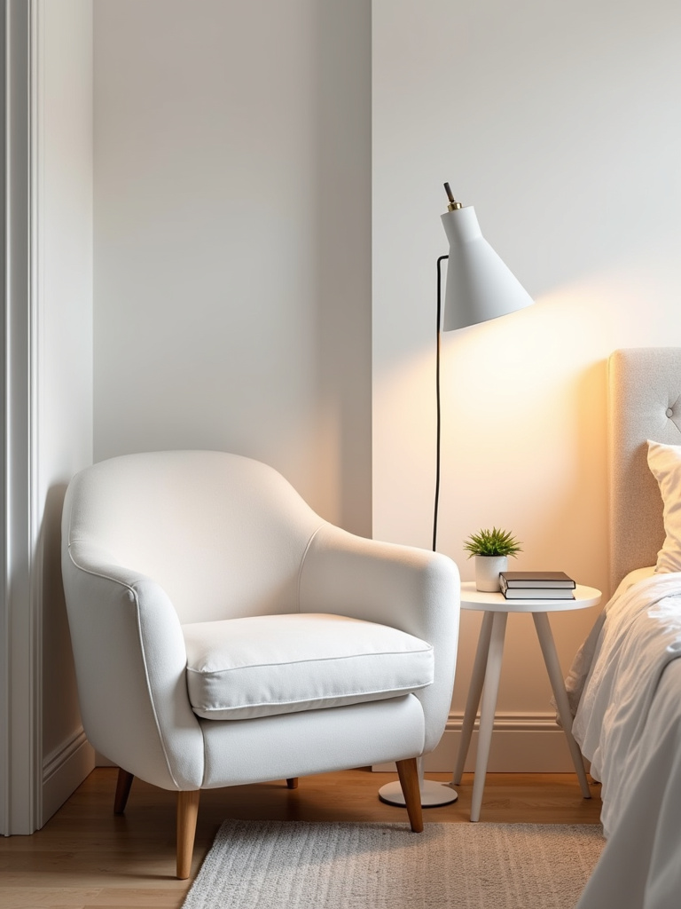 “White bedroom corner featuring a plush white velvet accent chair, creating a luxurious and inviting reading nook.”