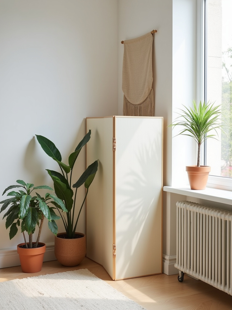 “Minimalist apartment living room featuring portable and lightweight decor like a folding screen, wall tapestry, and lightweight potted plants.”