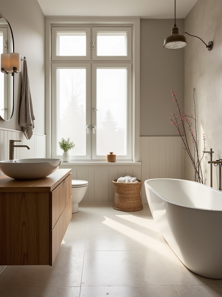 Scandinavian bathroom focusing on high-quality and durable materials, including porcelain tiles, solid wood vanity, and brushed nickel fixtures.