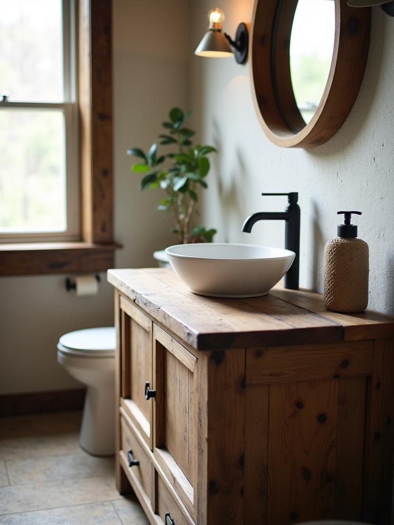 Rustic bathroom featuring a reclaimed wood vanity with a white vessel sink, illuminated by soft natural light.