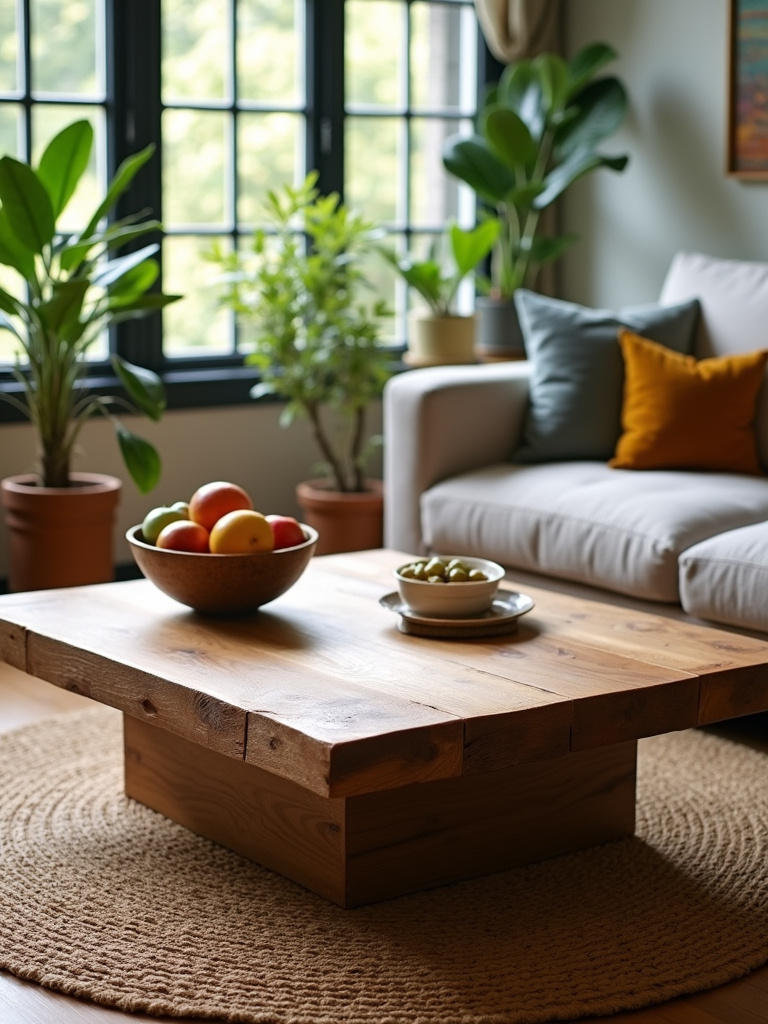 An eco-conscious living room featuring a reclaimed barn wood coffee table, styled with fruit and a jute rug, showcasing sustainability and unique wood character.