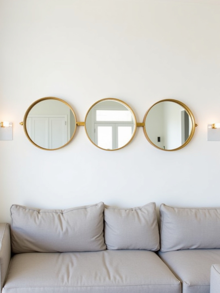 “Trio of round decorative mirrors with gold frames arranged horizontally above a light grey sofa in a contemporary living room.”