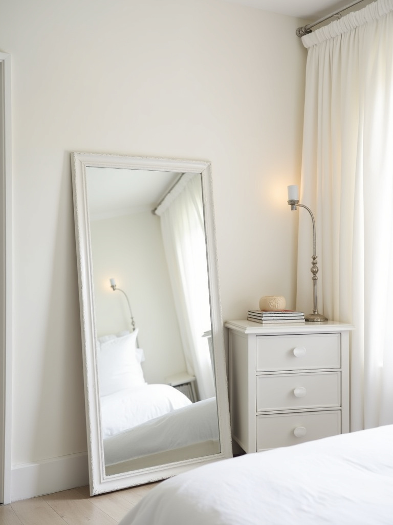 “White bedroom with a large white framed mirror leaning against the wall, reflecting the room and enhancing the sense of spaciousness.”