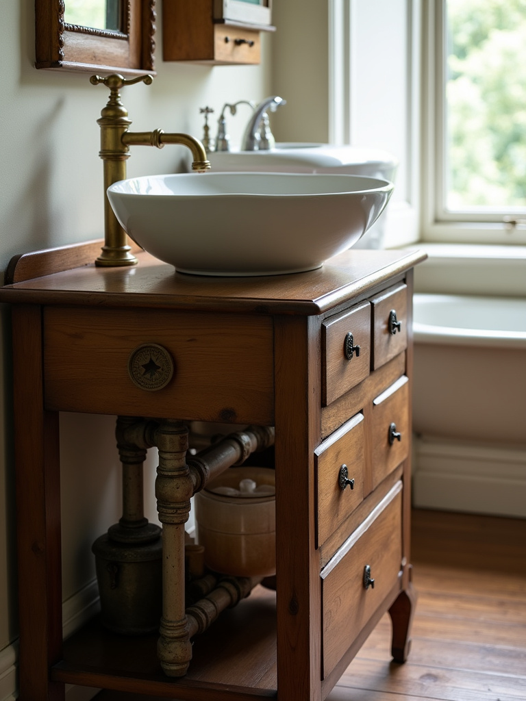 Detail of a vintage bathroom vanity showcasing a repurposed antique wooden dresser with a vessel sink and exposed plumbing, highlighted by natural light.
