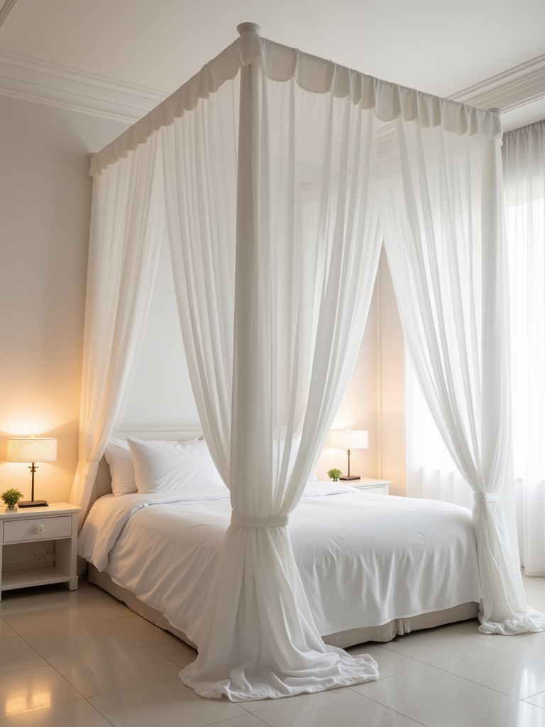 “Romantic white bedroom showcasing a king-size bed adorned with a dreamy white bed canopy, creating an intimate and luxurious sleeping space.”