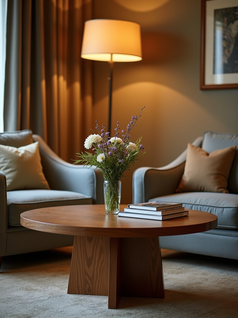 An inviting living room featuring a round walnut coffee table with a pedestal base, styled with flowers and books, emphasizing flow and a conversational layout.