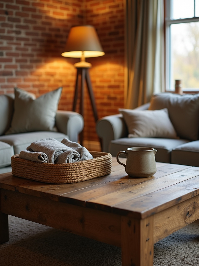 A rustic living room featuring a square reclaimed wood coffee table with a basket and mug, highlighting the natural textures and warm ambiance.