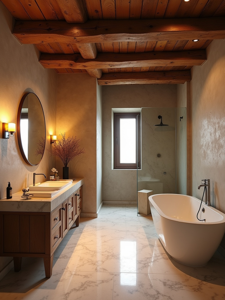 Rustic bathroom with exposed wood beams on the ceiling, illuminated by soft recessed lighting.