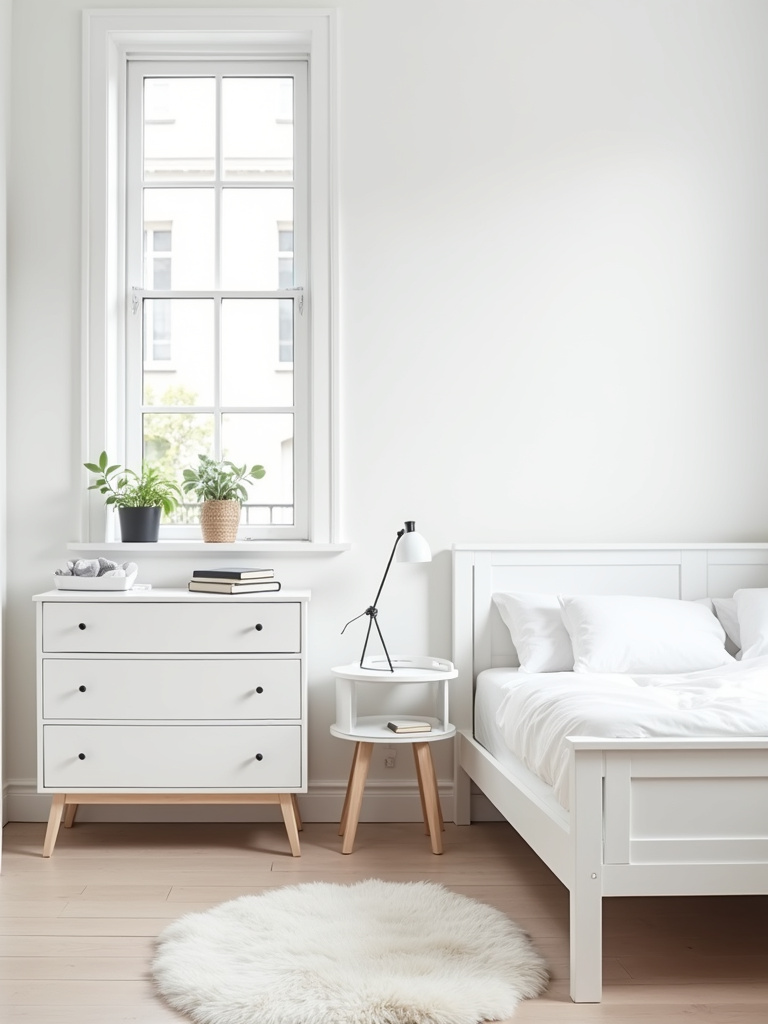 “Bright white Scandinavian bedroom featuring minimalist white furniture with clean lines and light wood accents, creating a serene and uncluttered space.”