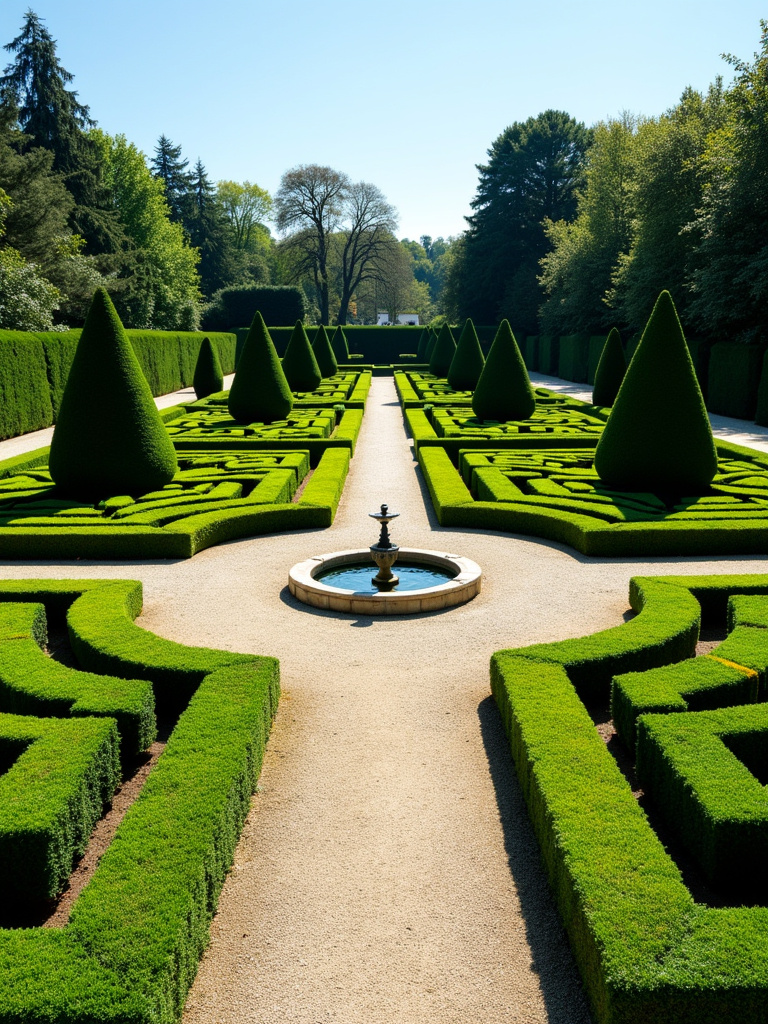Formal garden with geometrically sculpted boxwood hedges on a bright sunny day.