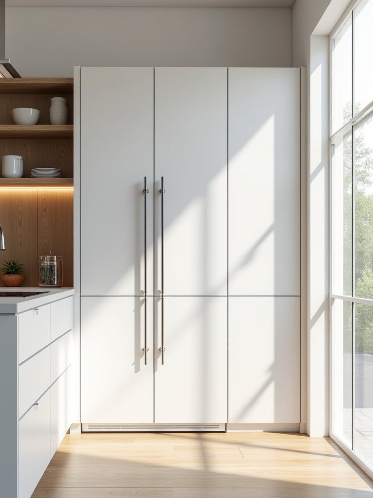 Modern kitchen with fully integrated refrigerator concealed behind white flat-panel cabinet doors, creating a seamless wall.